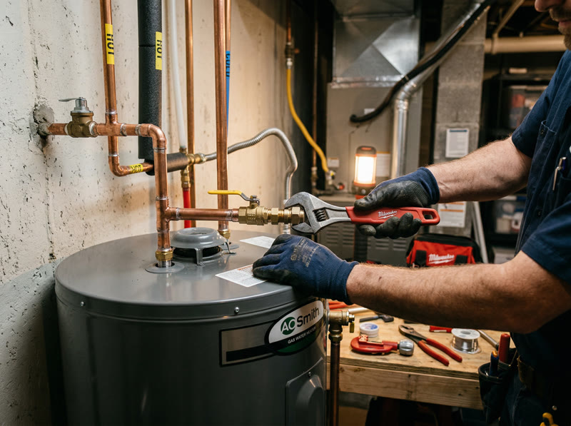 Plumber installing a water heater